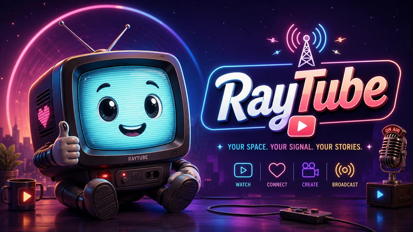 A friendly retro CRT-style RayTube mascot in a glowing studio